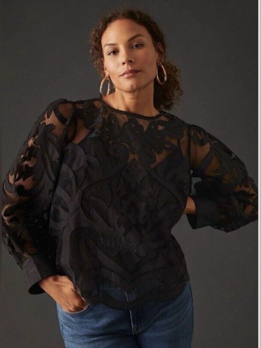 Anthropologie Cutwork Lace Detail Buttonback Blouse XL Victorian Top Black